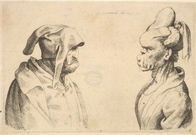 दो विकृत सिर एक-दूसरे के सामने, 1625-77। द्वारा Wenceslaus Hollar