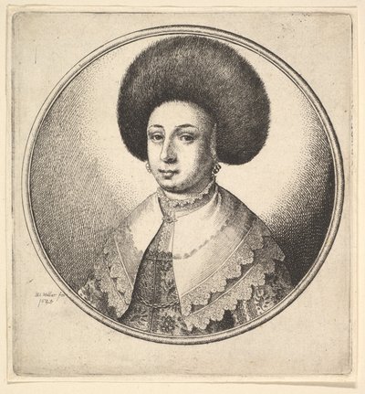 बड़ी गोलाकार फर टोपी और झुमके वाली महिला, 1645। द्वारा Wenceslaus Hollar
