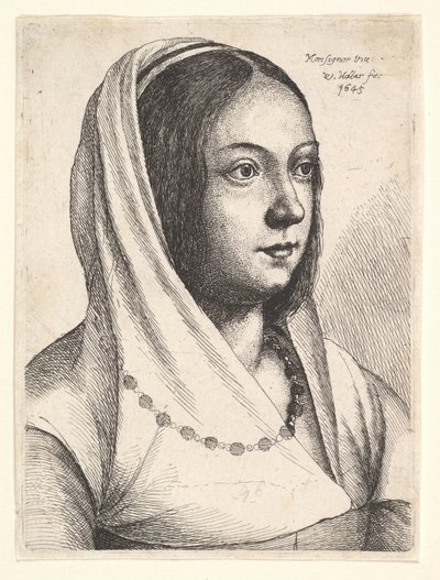 बोनसिग्नोरी के बाद, 1645 में अपने सिर पर दुपट्टे के साथ युवा महिला। द्वारा Wenceslaus Hollar