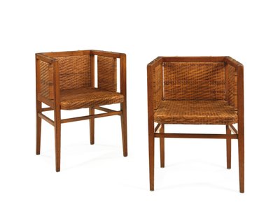 आर्मचेयर की जोड़ी, c.1902 (ओक और रतन) द्वारा विल्हेम श्मिट