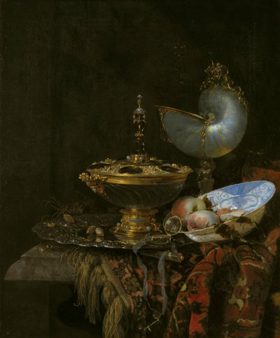 Holbein बाउल, Nautilus और ग्लास कप और फलों के कटोरे के साथ शानदार स्टिल लाइफ द्वारा विलेम काल्फ़ी