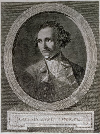 कैप्टन जेम्स कुक (1728-79) का पोर्ट्रेट, 'जर्नी राउंड द वर्ल्ड टू द साउथ पोल' (उत्कीर्णन) के अग्रभाग से द्वारा विलियम (बाद में) होजेस
