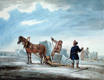 हॉर्सड्राउन स्लेज द्वारा बर्फ का परिवहन, 'वर्षों में मास्को से कॉन्स्टेंटिनोपल की यात्रा' से द्वारा विलियम (बाद में) मैकमाइकल