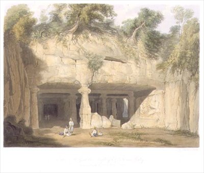 1803 में बॉम्बे के पास एलीफेंटा के महान गुफा मंदिर का बाहरी भाग, एसजी ह्यूजेस, पब द्वारा उकेरा गया 'सीनरी, कॉस्ट्यूम्स एंड आर्किटेक्चर ऑफ इंडिया' के खंड II से। स्मिथ, एल्डर एंड कंपनी द्वारा द्वारा विलियम (बाद में) वेस्टाल