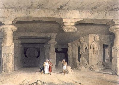1803 में बॉम्बे के पास एलीफेंटा के ग्रेट केव टेम्पल का इंटीरियर, जे. बेली, पब द्वारा उकेरा गया 'सीनरी, कॉस्ट्यूम्स एंड आर्किटेक्चर ऑफ इंडिया' के खंड II से। स्मिथ, एल्डर एंड कंपनी द्वारा द्वारा विलियम (बाद में) वेस्टाल