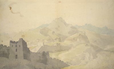 चीन की महान दीवार, 220 चित्रों के एल्बम से, मुख्य रूप से तटरेखाओं, वेशभूषा और रोज़मर्रा की ज़िंदगी की रूपरेखाएँ, जो लॉर्ड मैकार्टनी के चीन के सम्राट के दूतावास के दौरान बनाई गई थीं, WD 961, f.60 द्वारा विलियम अलेक्जेंडर