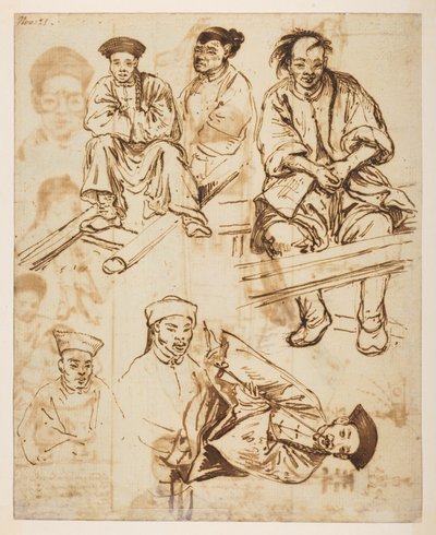 [f.57 140v चित्र अध्ययन, चीनी पुरुष। #39;21 नवंबर#39;, 1792 और 1794 के बीच लॉर्ड मैकार्टनी के चीन के सम्राट के दूतावास के दौरान बनाए गए परिदृश्य, तटरेखा, वेशभूषा और रोज़मर्रा की ज़िंदगी के 372 चित्रों के एक एल्बम से (कागज़ पर पेंसिल और पानी के रंग से) द्वारा विलियम अलेक्जेंडर