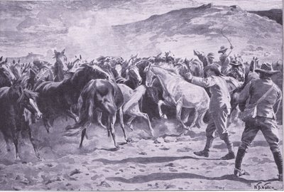 फोर्ब्सबर्ग के पास ब्रैंडवाटर जिले में घोड़ों का कब्जा: चौराहे का चक्कर लगाना, इसके बाद का चित्रण प्रिटोरिया: द गुरिल्ला वॉर, 1902 द्वारा विलियम बार्न्स ऊन