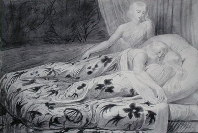 हर और हेवा मनेथा गार्डिंग देम के साथ सो गए, 'टिरियल' से चित्रण, c.1788 (कागज पर काले चाक के निशान पर पेन और ग्रे वॉश) द्वारा विलियम ब्लेक