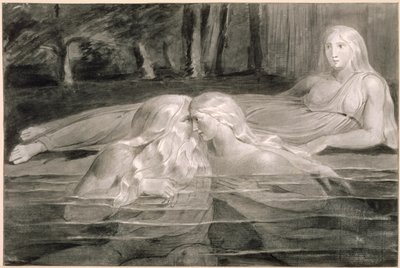 हर और हेवा स्नान, Mnetha लुकिंग ऑन, c.1785-89 (कागज पर ब्रश, स्याही और धो) द्वारा विलियम ब्लेक