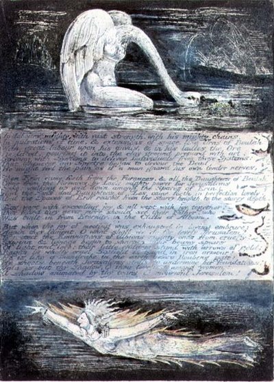 प्लेट II, जेरूसलम, c.1804-20। एल्बियन की बेटियों का प्रतिनिधित्व हंस और मछली जैसे जीवों द्वारा किया जाता है द्वारा विलियम ब्लेक