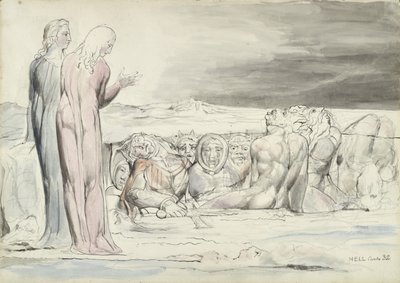 द सर्किल ऑफ ट्रैक्टर्स: अल्बर्टी ब्रदर्स, दांते एलघिएरी द्वारा 1824-27 पर पेंसिल और चाक पर कागज के साथ पेन और स्याही द्वारा दिव्य कॉमेडी का चित्रण द्वारा विलियम ब्लेक