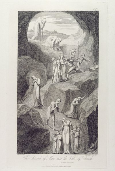 विलियम ब्लेक (1757-1827) लुइगी शियावोनेटी (1765-1810) द्वारा उत्कीर्ण &39;द ग्रेव, ए पोम&39; का चित्रण, द वीली ऑफ डेथ, द वीली ऑफ द डेथ, द डिसेंटेशन ऑफ मैन द्वारा विलियम ब्लेक