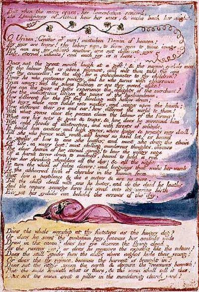 एल्बियन की बेटियों के दर्शन: 'बट व्हेन द मून एरोज...', प्लेट 7, जिसे 1793 में डिजाइन किया गया था, पूरा हुआ c.1815 (कागज पर कलम और पानी के रंग से राहत नक़्क़ाशी) द्वारा विलियम ब्लेक