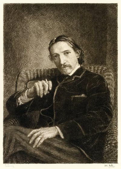 रॉबर्ट लुइस स्टीवेन्सन (1850-1894) ब्रिटिश लेखक अपनी बेस्टसेलिंग बुक्स ट्रेजर आइलैंड, किडनैप्ड एंड द स्ट्रेंज केस ऑफ डॉ। जेकेल और मिस्टर हाइड के लिए जाने जाते हैं। विलियम ब्रासी होल द्वारा चित्रण (1) द्वारा विलियम ब्रासी होल
