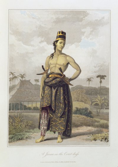 कोर्ट ड्रेस में एक जावा, पी एल। थॉमस स्टैमफोर्ड बिंगले रैफल्स (1781-1826) पब द्वारा &39;द हिस्ट्री ऑफ जावा&39; के वॉल्यूम I से 6। 1817 (रंगीन एक्वाटिंट) द्वारा विलियम डेनियल