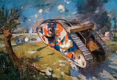 WW1 में एक जर्मन टैंक के खिलाफ कार्रवाई में छद्म ब्रिटिश एमके IV टैंक, 'द स्फीयर' में प्रकाशित चित्रण, अगस्त 1918 (कलर लिथो) द्वारा विलियम एडवर्ड (बाद) विगफुल