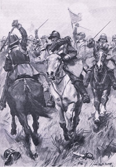 डनबार 3 सितंबर 1650 को घुड़सवार संघर्ष, भूमि और समुद्र पर ब्रिटिश लड़ाई से चित्रण, 1915 द्वारा विलियम एडवर्ड स्टॉट