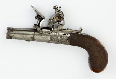 फ्लिंटॉक पॉकेट पिस्तौल बॉक्स-लॉक के साथ, c.1820 (स्टील, सिल्वर और अखरोट की लकड़ी) द्वारा विलियम हेल