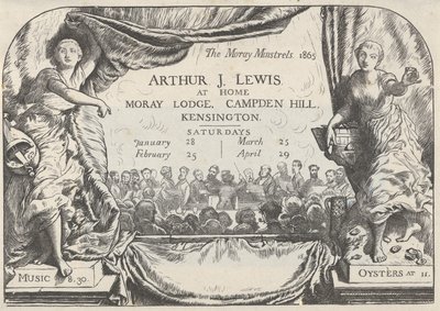 1865 में आर्थर जेम्स लुईस का मोरे मिनस्ट्रेल्स निमंत्रण कार्ड। द्वारा विलियम हारकोर्ट हूपर