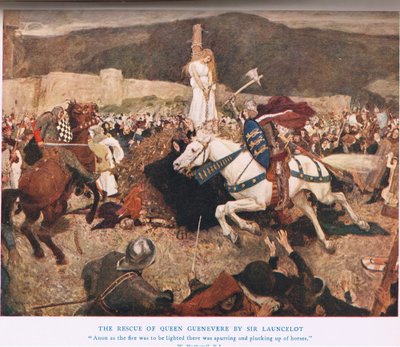 सर लैंसलॉट द्वारा रानी गुएनवेरी का बचाव, &39;किंग आर्थर&39; से चित्रण द्वारा विलियम हैथेरेल्ल