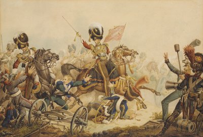 1815, 1820 में वाटरलू की लड़ाई में फ्रेंच आर्टिलरी को चार्ज करने वाले प्रथम जीवन रक्षक द्वारा विलियम हीथ