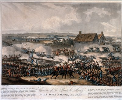 थॉमसन सदरलैंड, 1816 (रंगीन एक्वाटिंट) द्वारा खोदे गए वाटरलू के युद्ध के दौरान ला हाय सैंट में ब्रिटिश सेना का केंद्र द्वारा विलियम हीथ