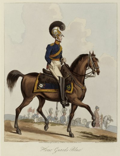हॉर्स गार्ड्स ब्लू, हॉर्स गार्ड्स की शाही रेजिमेंट का एकरूप अध्ययन, 1820 (रंगीन एक्वाटिंट) द्वारा विलियम हीथ