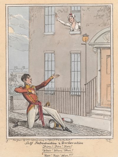 आत्म परिचय और घोषणा, 1823 (हाथ से रंग की नक़्क़ाशी) द्वारा विलियम हीथ