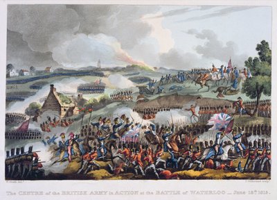 वाटर जूलो की लड़ाई में ब्रिटिश सेना का केंद्र, 18 जून 1815 को, जेम्स जेन्किंस द्वारा &39;द मार्शल एचीवमेंट्स ऑफ ग्रेट ब्रिटेन एंड द अलायस फ्रॉम 1799 से 1815&39;, थो द्वारा उकेरा गया। द्वारा विलियम हीथ
