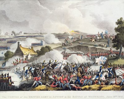 वाटरलू की लड़ाई में ब्रिटिश सेना का केंद्र, 18 जून 1815, सदरलैंड द्वारा उत्कीर्ण द्वारा विलियम हीथ
