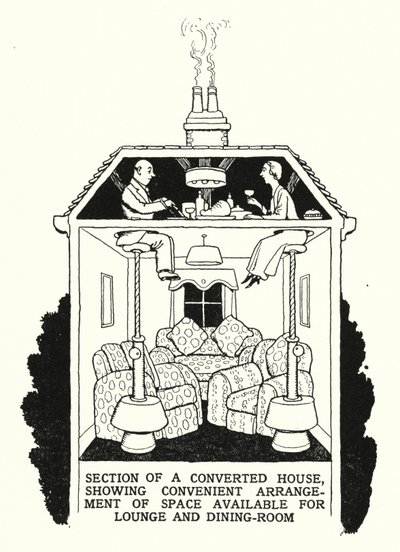 एक परिवर्तित घर का खंड, लाउंज और भोजन कक्ष (लिथो) के लिए उपलब्ध स्थान की सुविधाजनक व्यवस्था दिखा रहा है द्वारा विलियम हीथ रॉबिन्सन
