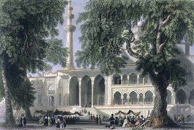 येनी जामी, या सुल्ताना वालिद की मस्जिद, इस्तांबुल, जेसी वराल द्वारा उकेरी गई, c.1850 (एक्वाटिंट) द्वारा विलियम हेनरी (बाद) बार्टलेट