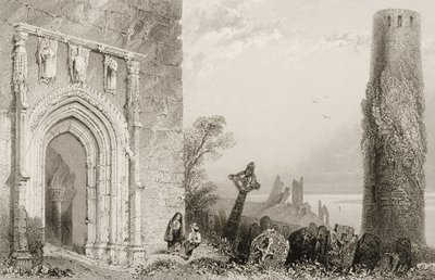 डोरवे, एक मंदिर, क्लोनमाकोनिस, काउंटी ऑफली, आयरलैंड, आयरलैंड और &39;आयरलैंड के दृश्य और प्राचीन वस्तुएँ&39; से, जोर्ल पुण्य, 1860 के दशक में द्वारा विलियम हेनरी बार्टलेट