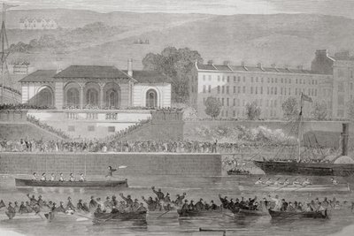 जॉर्ज पुण्य, 1860 के दशक में &39;कर्ट्स एंड एंटीक्विटीज़ ऑफ आयरलैंड&39; से, कॉर्क हार्बर, आयरलैंड में नौसेना नाव रेस द्वारा विलियम हेनरी बार्टलेट