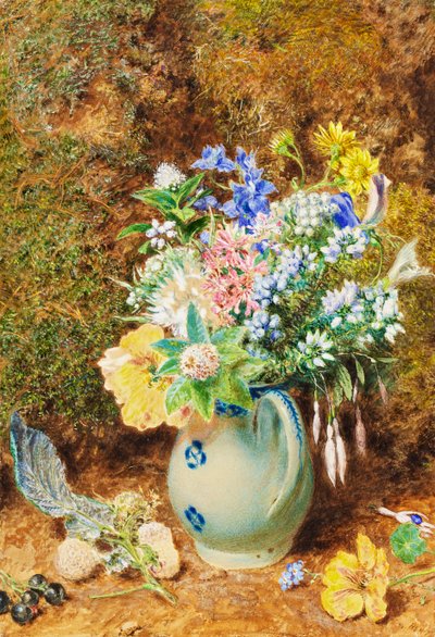 पेल ब्लू चाइना जुग हीथ्स एंड स्मॉल फ्लावर्स के साथ, c.1860 द्वारा William Henry Hunt