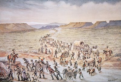 1850 में पश्चिम से यूटा की ओर जाने वाले मॉर्मन ठेले के अग्रदूत (कलर लिथो) द्वारा विलियम हेनरी जैक्सन