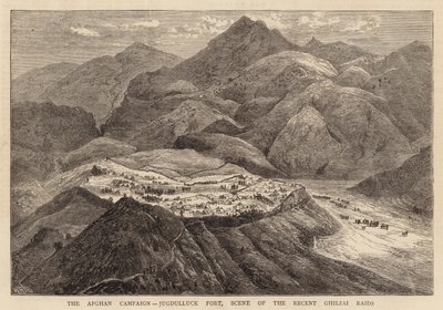 अफगान अभियान, जुगुल्लुक किला, हालिया ग़िलाज़ई छापों का दृश्य द्वारा विलियम हेनरी जेम्स नाव