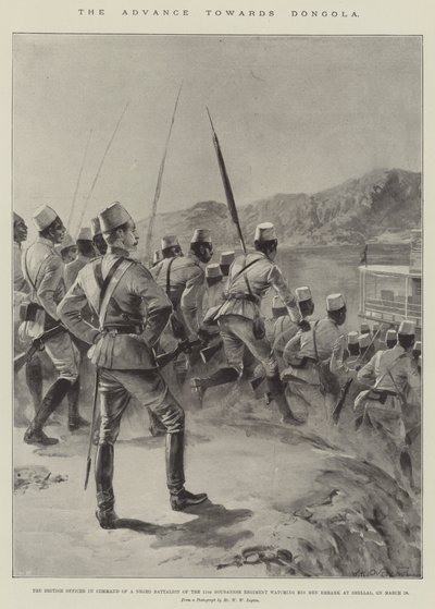 डोंगोला की ओर अग्रिम, ११वीं सूडानी रेजिमेंट की एक नीग्रो बटालियन के कमांड में ब्रिटिश अधिकारी, १८ मार्च (लिथो) पर अपने आदमियों को शेलाल में उतरते हुए देख रहे थे। द्वारा विलियम हेशम (बाद) ओवरएंड