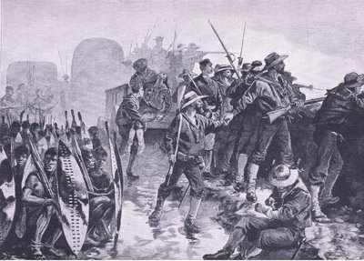 ज़ुलु हमले के खिलाफ एक लाजर की रक्षा, 1915 में ब्रिटिश बैटल ऑन लैंड एंड सी से दृष्टांत द्वारा William Heysham Overend