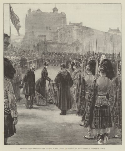 एडिनबर्ग कैसल में अर्गिल और सदरलैंड हाइलैंडर्स को न्यू कलर्स पेश करती राजकुमारी लुईस द्वारा William Heysham Overend