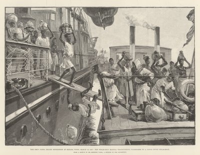18 मार्च 1887 को केले पॉइंट पर एमिन पाशा राहत अभियान, यात्रियों को कांगो रिवर स्टीम-बोट में स्थानांतरित करना। द्वारा विलियम हेशम ओवरेंड