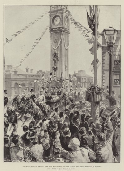 द रॉयल विजिट टू आयरलैंड, ड्यूक एंड डचेस ऑफ यॉर्क बेलफास्ट में अल्बर्ट मेमोरियल से गुजरता है द्वारा William Heysham Overend