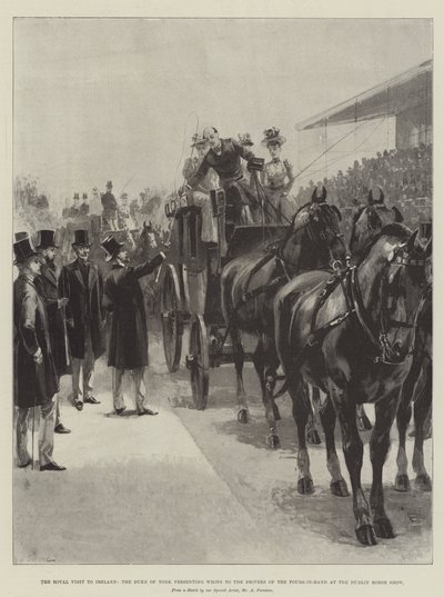 आयरलैंड का शाही दौरा, ड्यूक ऑफ यॉर्क ने डबलिन हॉर्स शो में चौपड़-इन-हैंड के ड्राइवरों को व्हिप पेश किया। द्वारा William Heysham Overend