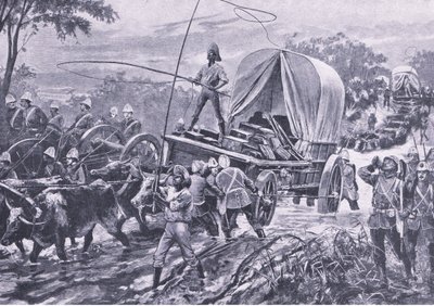 ज़ुलु युद्ध: एस्टोवे रिलीफ फोर्स ने अप्रैल 1879 में एक धारा को पार करते हुए ब्रिटिश बैटल ऑन लैंड एंड सी, 1915 से चित्रण द्वारा William Heysham Overend