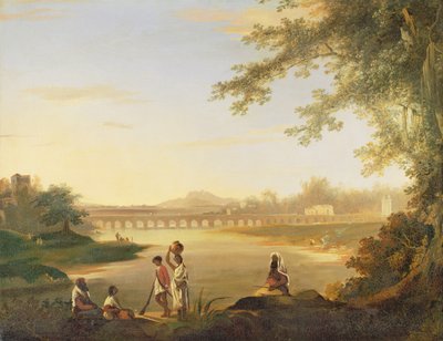 फोरमग्राउंड में एक सिपाही और मूल निवासी के साथ मारमालोंग ब्रिज, c.1783 द्वारा विलियम होजेस