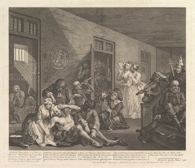 रेक प्रोग्रेस, प्लेट 8, [25 जून, 1735] 1763 को फिर से जारी किया गया। द्वारा विलियम होगार्थ