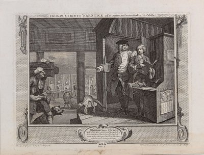 द इंडस्ट्रियस 'प्रेंटिस ए फेवरेट, और उनके मास्टर द्वारा सौंपा गया, 1747। द्वारा विलियम होगार्थ