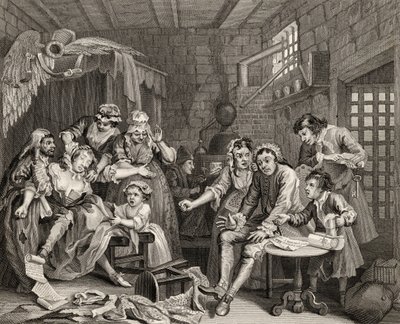 1833 में प्रकाशित &39;द वर्क्स ऑफ विलियम हॉगर्थ&39; से &39;द रैक ऑफ प्रोग्रेस&39; की जेल वीआईआई, प्लेट VII द्वारा विलियम होगार्थ