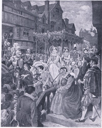 वेवरली बुक कंपनी द्वारा प्रकाशित ब्रिटिश लोगों के कैसल्स हिस्ट्री से एडिनबर्ग 1561 में क्वीन मैरी की राज्य प्रविष्टि, c.1950's (लिथो) द्वारा विलियम होल